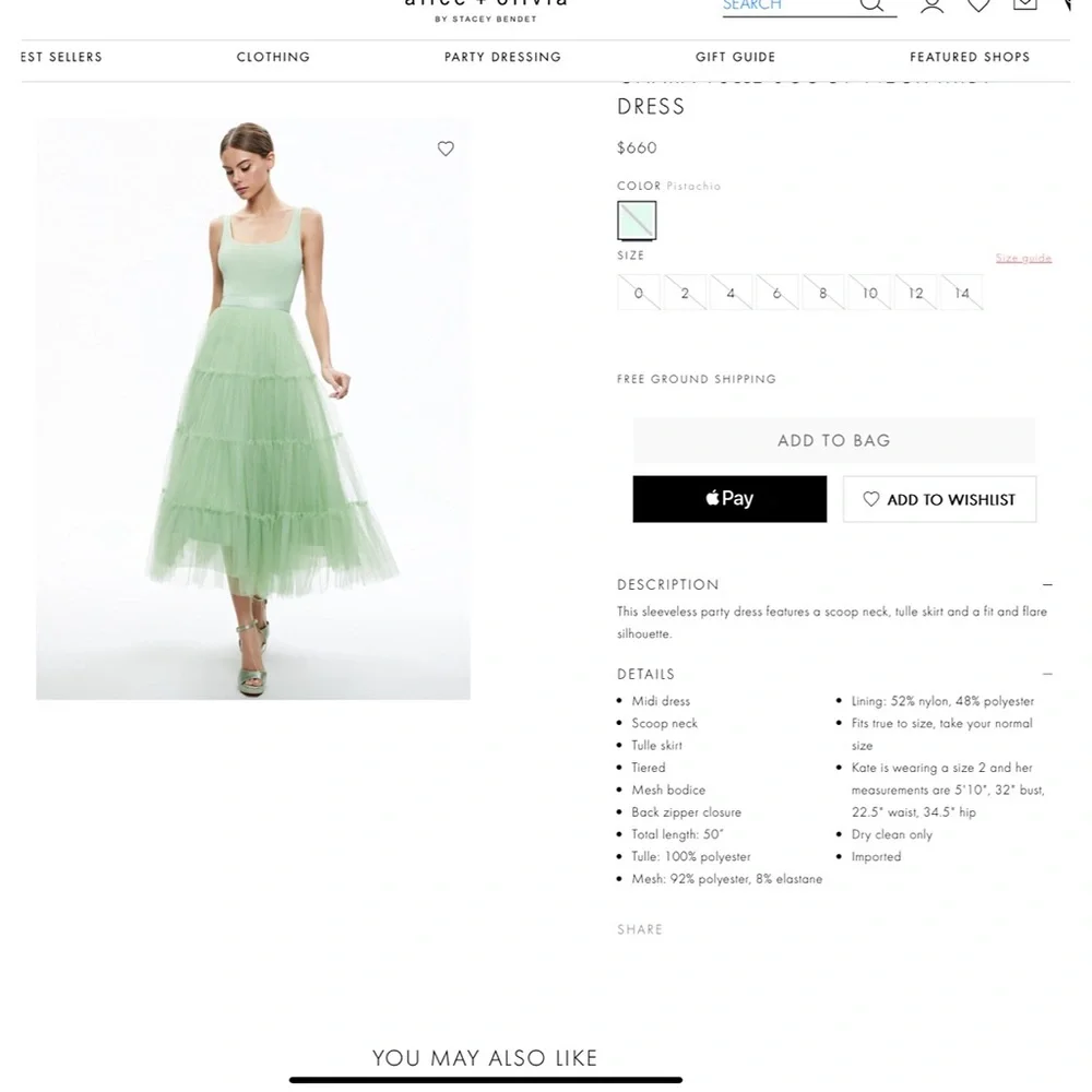 Alice + Olivia Chara Scoop Neck Green Tulle Midi Dress - Picture 3 of 16